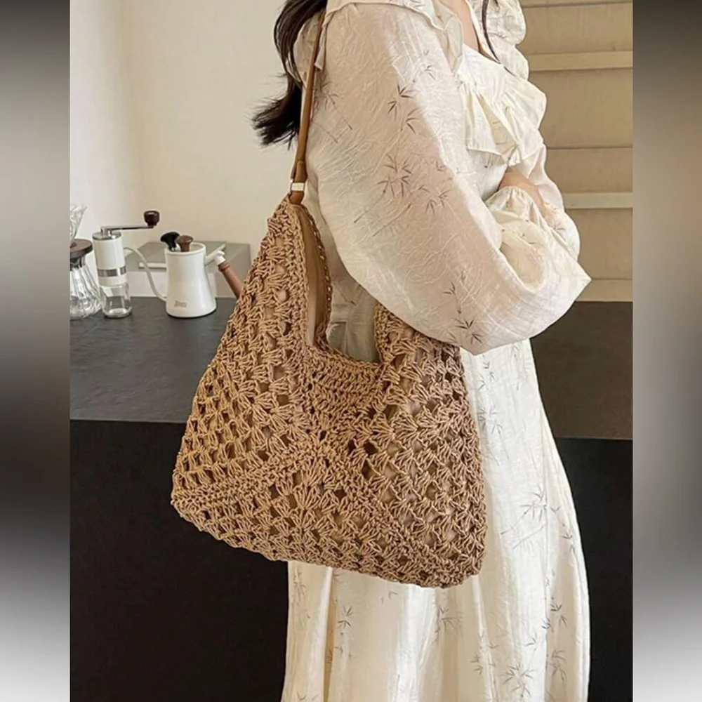 Elegant Tan Woven Tote Bag